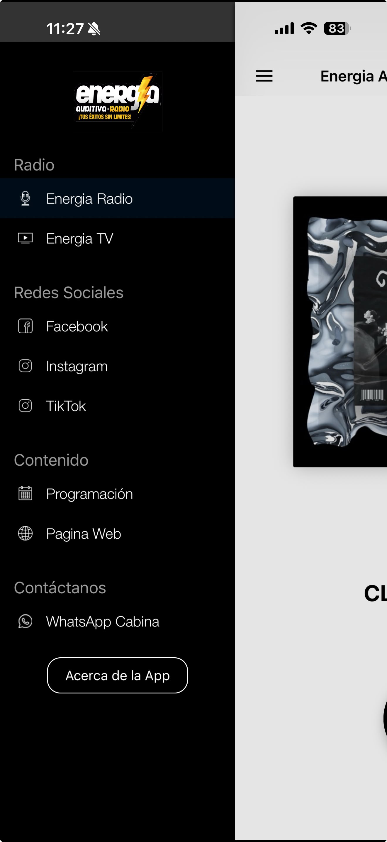 Aplicación de Energía Auditiva Radio con el menú de radio, redes sociales, programación y WhatsApp de cabina